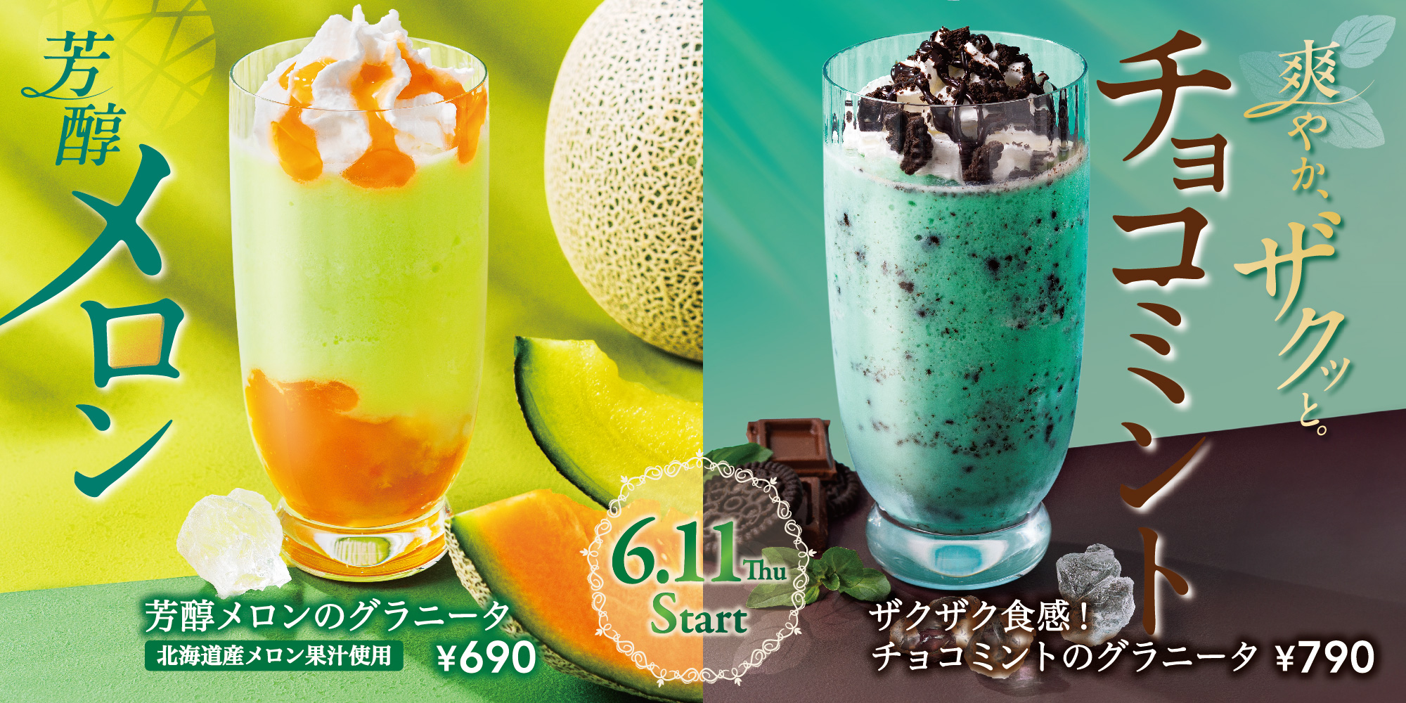 芳醇メロンのグラニータ ザクザク食感！チョコミントのグラニータ